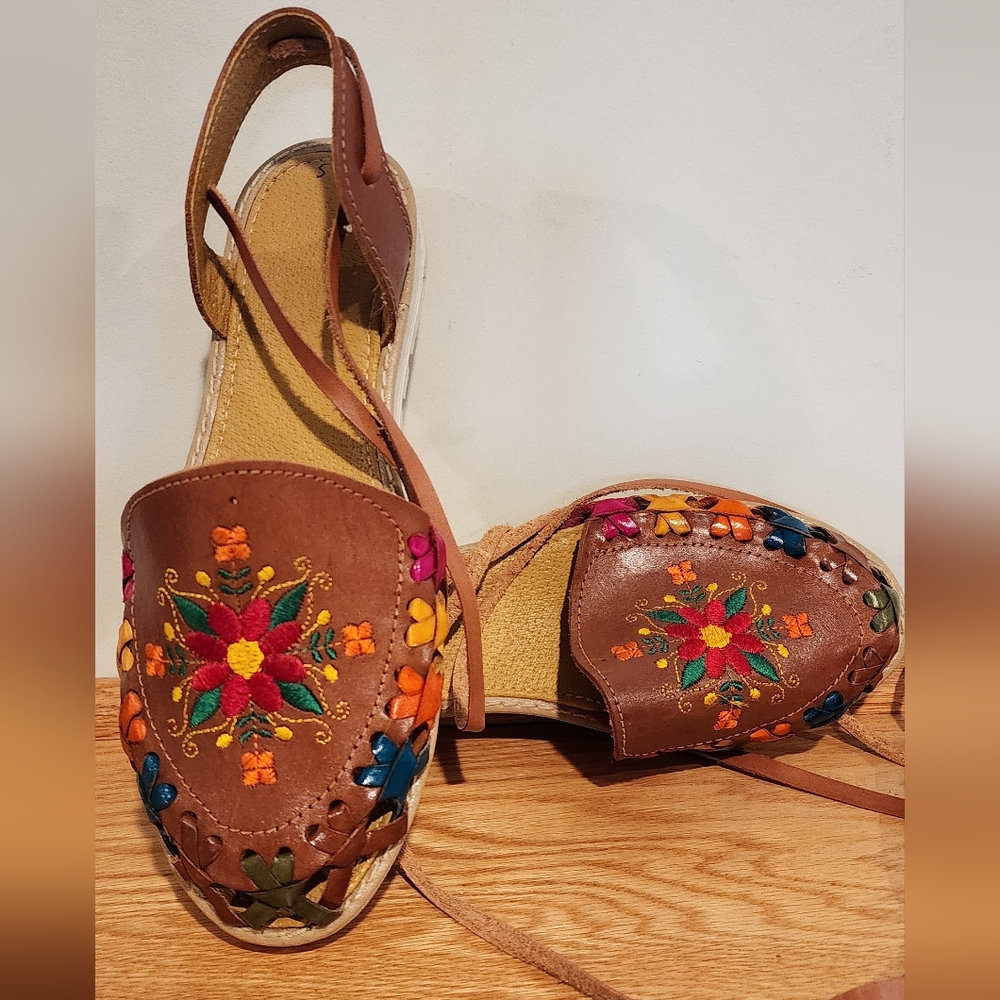 MEXICANA Brown and Red Embroidered Sandals